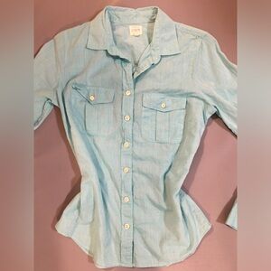 J Crew Sz Small Aqua Blue Button-Up Shirt with collar. Long sleeves. 100% COTTON